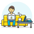 Illustration d’une personne assise sur un canapé jaune, avec un ordinateur portable sur vos genoux et une table basse devant avec une tasse chaude et une pile de livres dessus