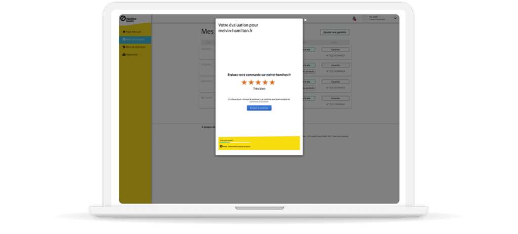 Exemple de formulaire d'avis client Trusted Shops pour le site Melvin and Hamilton