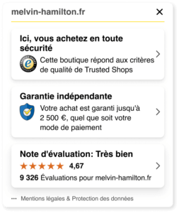 Trustcard affichant la certification Trusted Shops après commande